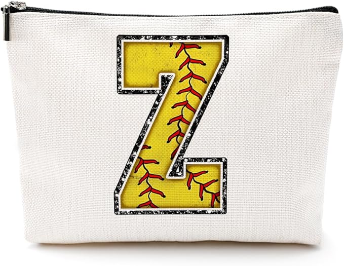 CQM Softball Gifts Initial Makeup Bag Monogrammed Cosmetic Bag Letter Z Zipper Pouch Softball Accessories for Girls Women Player Coaches Friend Graduation Birthday Gifts