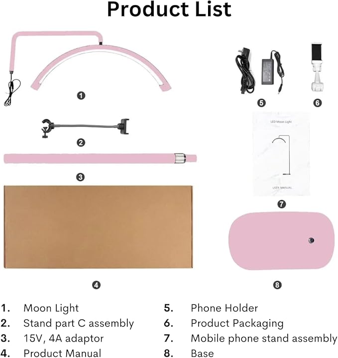 Bling Half Moon Lash Light | Dimmable LED Diamond Esthetician Light for Eyelash Techs - LED Floor Lash Lamp with Adjustable Height, Touch Control & Stable Base | Warm & Cool Tones | White