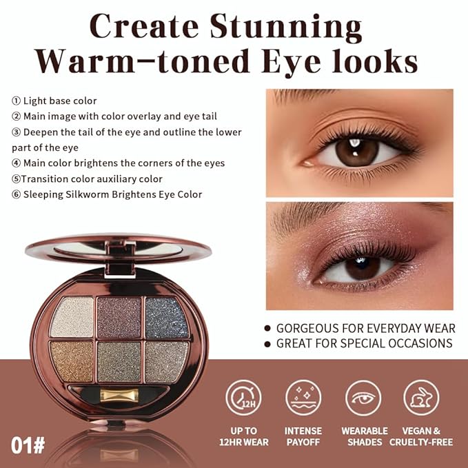 Shimmer Glitter Metallic Eyeshadow Palette, Neutral Cool-Tone Eye Shadow Kit, High Pigment Smokey & Halo Eyeshadow, Long-Lasting Blendable Sparkle Eye Makeup Palette for Party & Night Glam Looks