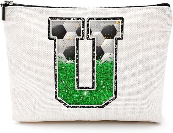 CQM Soccer Gifts Initial Makeup Bag Monogrammed Cosmetic Bag Letter U Zipper Pouch Soccer Accessories for Girls Women Player Coaches Friend Stuff Graduation Birthday Gifts