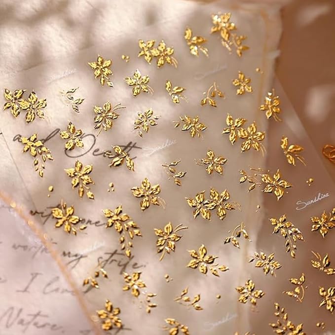 Gold Flower Nail Art Stickers 5D Embossed Spring Nail Stickers for Nail Art Summer Gold Nail Decals Flower Nail Art Design Supplies for Women Girl Spring DIY Manicure Decoration Accessories
