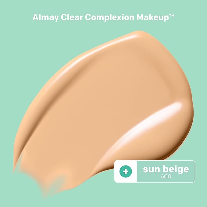 Almay Clear Complexion Acne Foundation Makeup with Salicylic Acid, Medium Coverage, Soft Matte Finish, Hypoallergenic, Cruelty- & Fragrance-Free, Dermatologist Tested, 600 Sun Beige, 1 fl oz