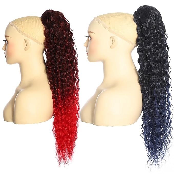 Deep Wave Ponytail Extension for Women 24 Inch Curly Wavy Ponytail Hair Extensions Drawstring Ponytail with Clips Long Synthetic Hairpiece for Daily and Party (1B/Dark Blue&1B/Red)