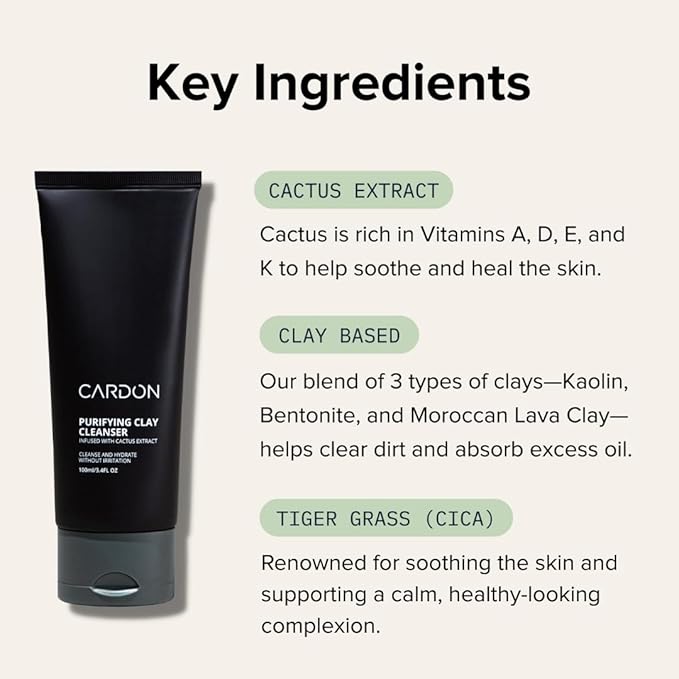 Cardon Men's Deep Pore Cleaning Clay Face Wash, 4x Better Than Charcoal, Oily, Acne-Prone Skin | Korean Premium Skin Care | Remove Face Oil & Dirt, (3 CT)