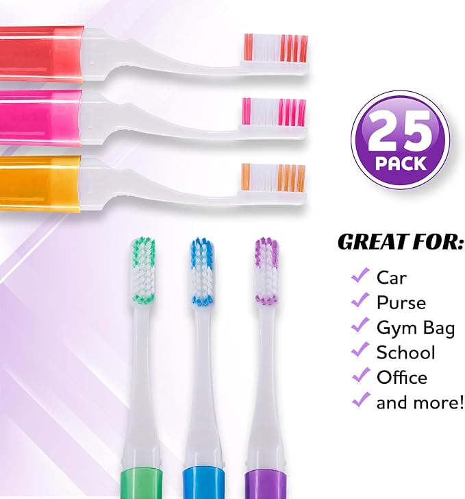 Firm Mini Toothbrush with Cover, Camping & Travel Size, Adult Kit (25 Pack Medium)