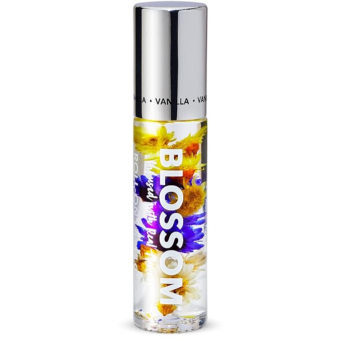 Blossom Roll on Lip Gloss, Scented Clear High Shine Moisturizing Lip Oil, Non Sticky, Infused with Real Flowers, Made in USA, 0.2oz, Vanilla Bean