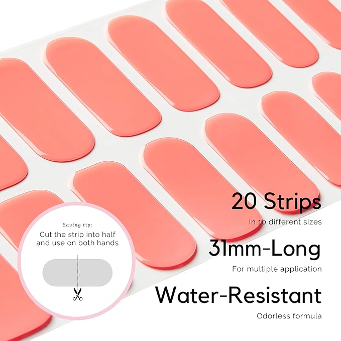 NAILOG Semi Cured Gel Nail Strips (20 Extra Long Stickers/Wraps) | Glossy & Long Lasting Soft Gel Finishing, Coral