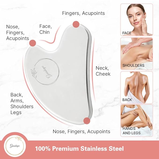 Stainless Steel Gua Sha Facial Tools | Guasha Tool for Face Sculpting, Shaping, Reduce Puffiness, Tension Relief | Metal Gua Sha Body Tool | Silver