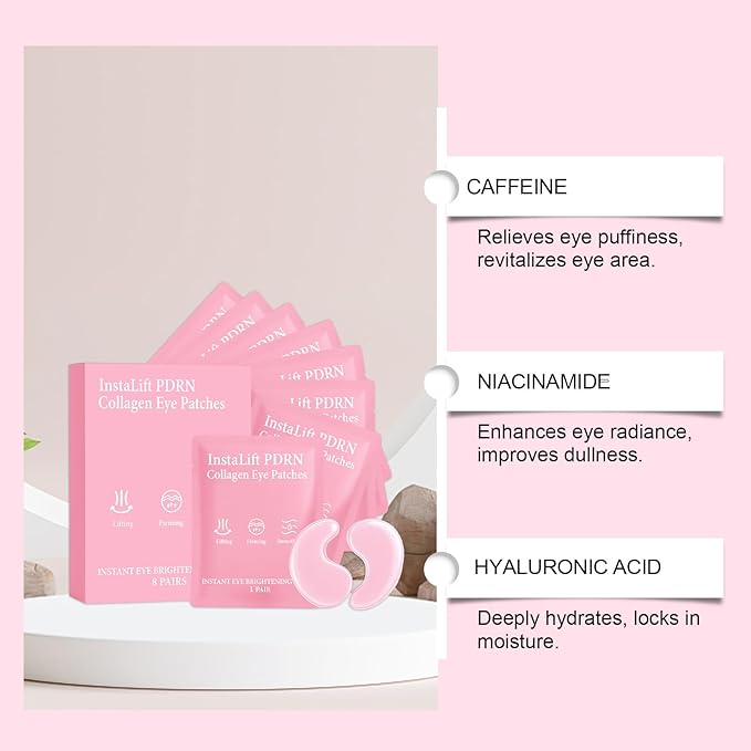 CHHQLZS Serene Eye Patches with PDRN Collagen, Instant Anti-Wrinkle Eye Mask for Dark Circles & Puffy Eyes, Hydrating Under Eye Patches with Hyaluronic Acid, Instalift Treatment, 8 Pairs