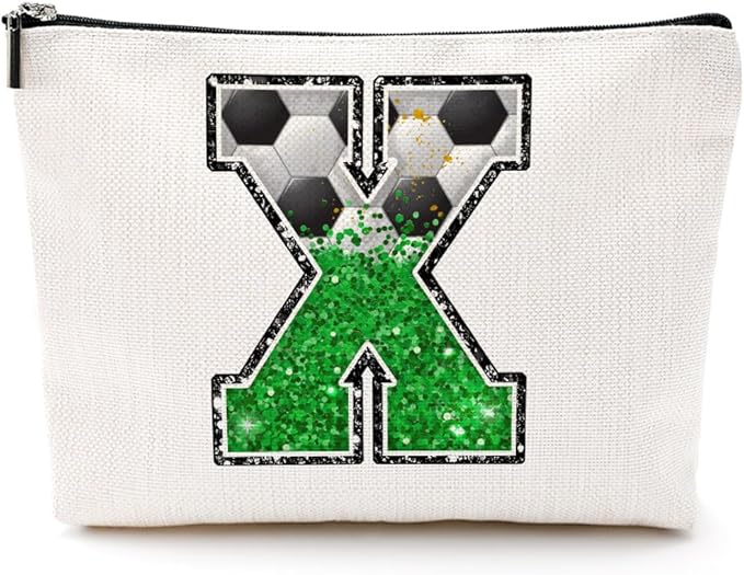CQM Soccer Gifts Initial Makeup Bag Monogrammed Cosmetic Bag Letter X Zipper Pouch Soccer Accessories for Girls Women Player Coaches Friend Graduation Birthday Gifts