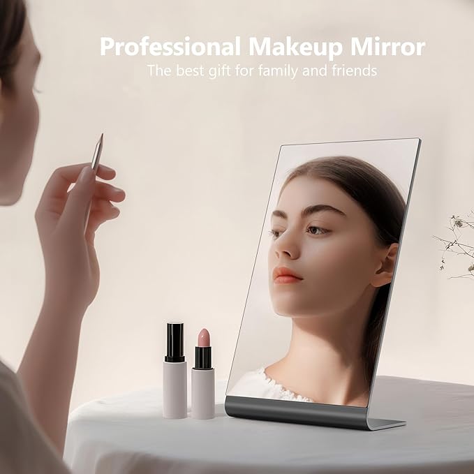 12"x7" Frameless Makeup Mirror, True 1X Flat Vanity Mirror for Accurate Reflection, Free Standing on Bathroom Vanity, Dresser or Desk, Ideal for Makeup, Shaving & Gifts (Space Black)