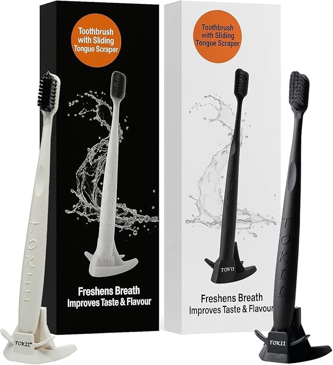 TOKII Tongue Scraper Cleaner Charcoal Bristles Toothbrush for Bad Breath with Waterproof Pouch for Travel, Hygienic Stand and Enviromentally Friendly (2Black & 2White - Pack of 4)