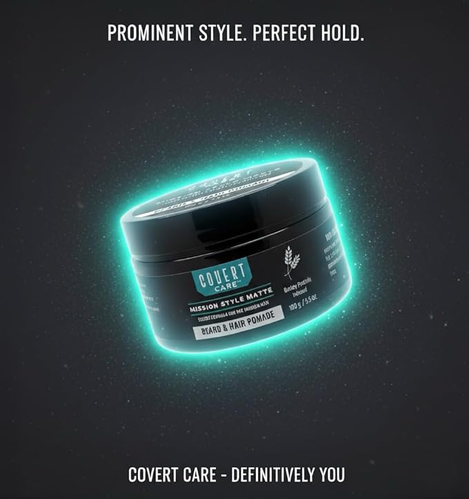 Covert Care Mission Style Matte Pomade for Beard & Hair – Infused with Barley Protein, Natural Matte Finish