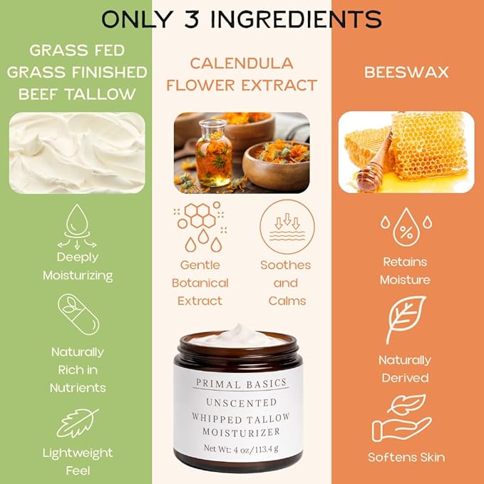 Primal Basics 100% Grass Fed Grass Finished Whipped Beef Tallow Moisturizer/Body Balm for Face, Body, Oily, Dry, Sensitive Skin -Contains Vitamins A, D, E, K -USA Made (4 oz, Unscented)