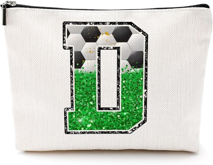 CQM Soccer Gifts Initial Makeup Bag Monogrammed Cosmetic Bag Letter D Zipper Pouch Soccer Accessories for Girls Women Soccers Player Coaches Friend Soccers Stuff Graduation Birthday Gifts