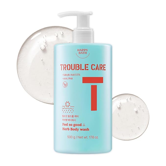 HAPPY BATH Trouble Care Feel So Good Herb Body Wash with Salicylic Acid, AHA & PHA, Mild Exfoliating & Moisturizing Body Cleanser for Acne-Prone Skin, Herbal Grapefruit Scent, 17.6 fl oz