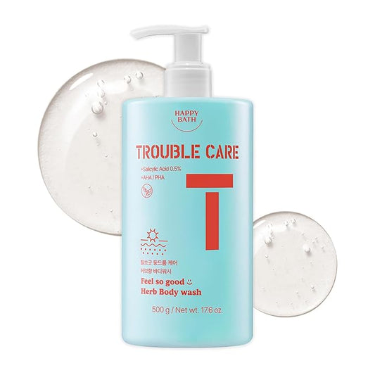HAPPY BATH Trouble Care Feel So Good Herb Body Wash with Salicylic Acid, AHA & PHA, Mild Exfoliating & Moisturizing Body Cleanser for Acne-Prone Skin, Herbal Grapefruit Scent, 17.6 fl oz