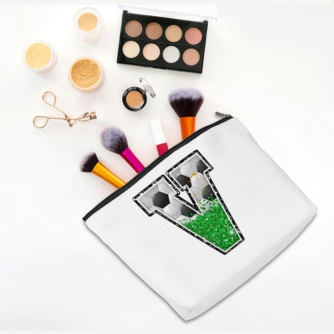 CQM Soccer Gifts Initial Makeup Bag Monogrammed Cosmetic Bag Letter V Zipper Pouch Soccer Accessories for Girls Women Player Coaches Friend Graduation Birthday Gifts