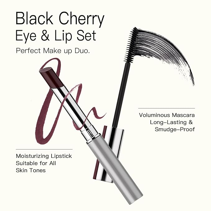 Sheer Black Cherry Lipstick & Mascara Set – Hydrating Tinted Lip Balm & Volumizing Black Eyelash Makeup Kit – Natural Berry Shade for All Skin Tones