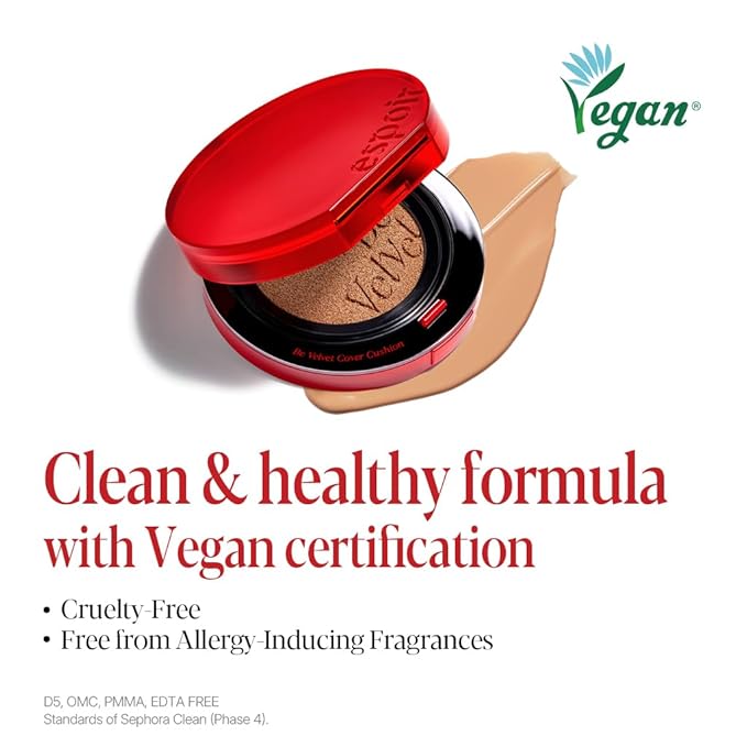 Espoir NEW Be Velvet Cushion Foundation #23.5 Fair Olive | Quick and Easy Coverage with Long-lasting Color by Zero Oxidation, Velvety Smooth Finish & Lightweight Formula, Vegan, Korean Makeup, 0.46 oz
