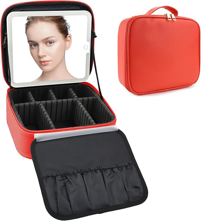 SLUMAZI Travel Makeup Bag with LED Mirror Travel Makeup Organizer with 3 Lighted Settings, Adjustable Dividers and Makeup Brush Storage Bag Red