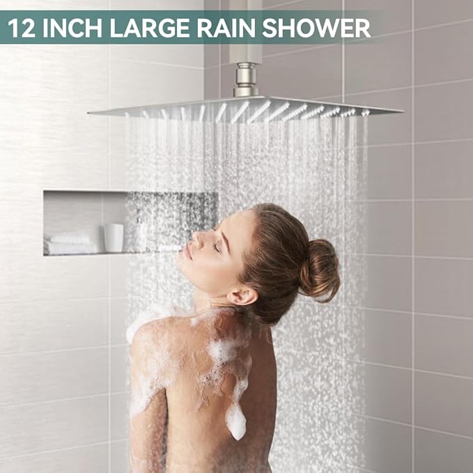Shower Faucet Set Brushed Nickel Shower System, Starbath 12 Inch Rain Shower Head and Handheld Spray Shower Set Complete Ceiling Mounted,2 Way Pressure Balance Shower Valve and Trim Kit Included