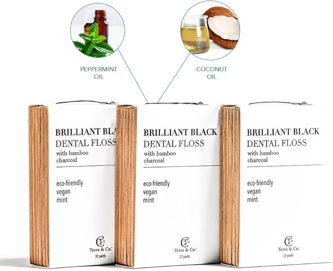 Terra & Co., Brilliant Black Dental Floss (32 Yards) | Organic Teeth Whitening Products | All Natural, with Activated Bamboo Charcoal | Vegan & Cruelty Free | Luxury Dental Care