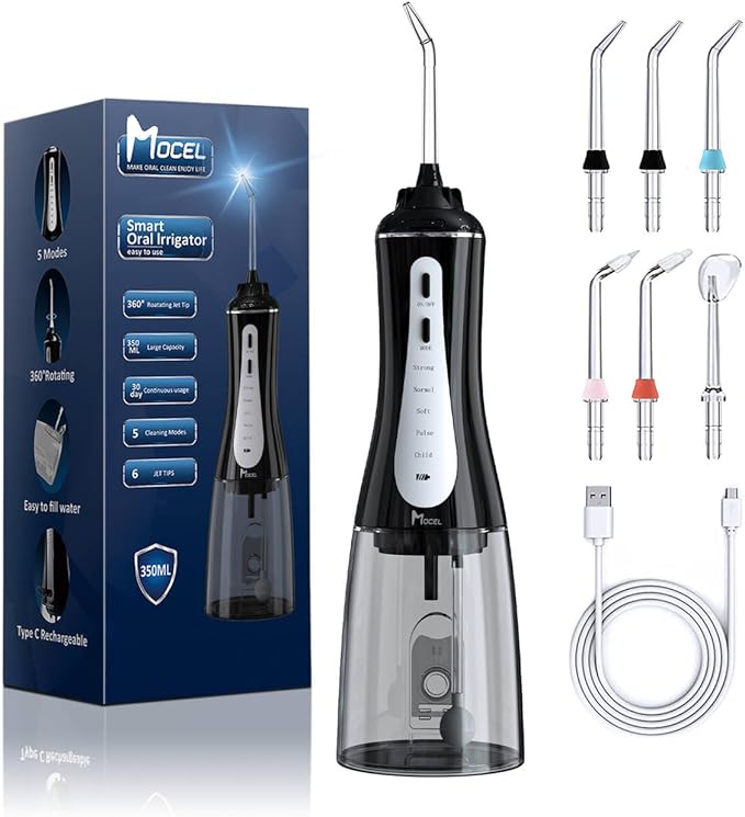 Water Dental Flosser Oral Irrigator with 5 Modes, 350ml Cordless Water Teeth Cleaner Pick 6 Tips, IPX7 Waterproof Rechargeable Portable Powerful Battery for Travel & Home Braces & Bridges Care