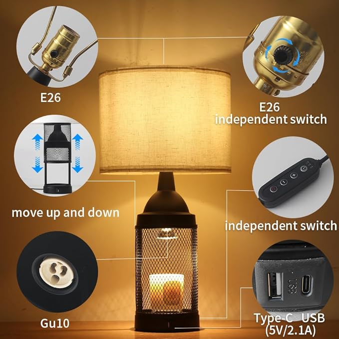 Candle Warmer Lamp for Bedroom,24H Cycle Timer, Dimmable, Dual Charging Port, Wax Melt Warmer with 2 Bulbs,Country Lamps for Bedroom Nightstand with USB&Type-C Ports, Gifts Christmas Birthday (2)