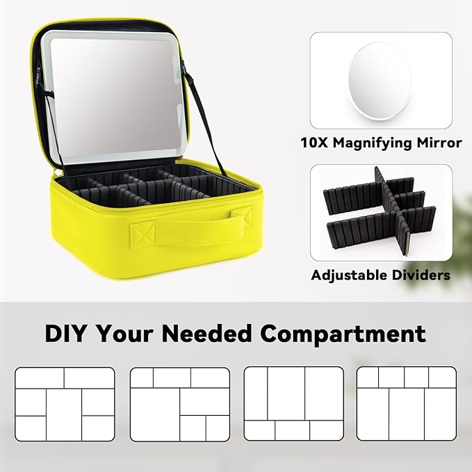 SLUMAZI Travel Makeup Bag with LED Mirror and 10x magnifying glass with 3 Lighted Settings, Adjustable Dividers and Makeup Brush Storage Bag Yellow
