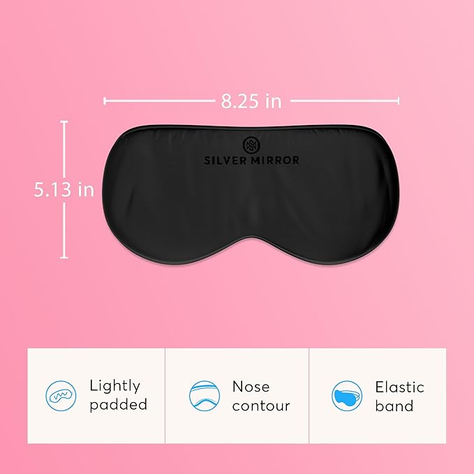 Silver Mirror Silk Sleep Essentials Set in Black: Pillowcase and Eye Mask, 25" x 19.5" Fits Standard Queen Pillow, 22mm 6A Grade, for Gentle Sleep, Anti-Breakage, Tangles, Creases, and Wrinkles