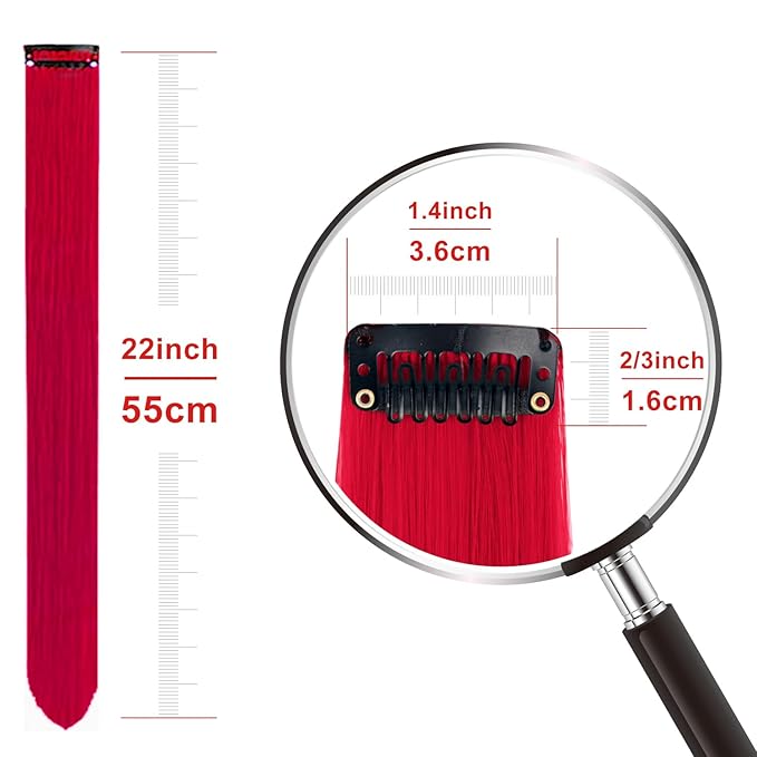 Colored Hair Extensions 10 PCS, Colorful Party Highlights Clip in Long Synthetic Hairpieces, Red and Green Hair Extensions for Girls Women Kids Cosplay Gifts 22 Inch