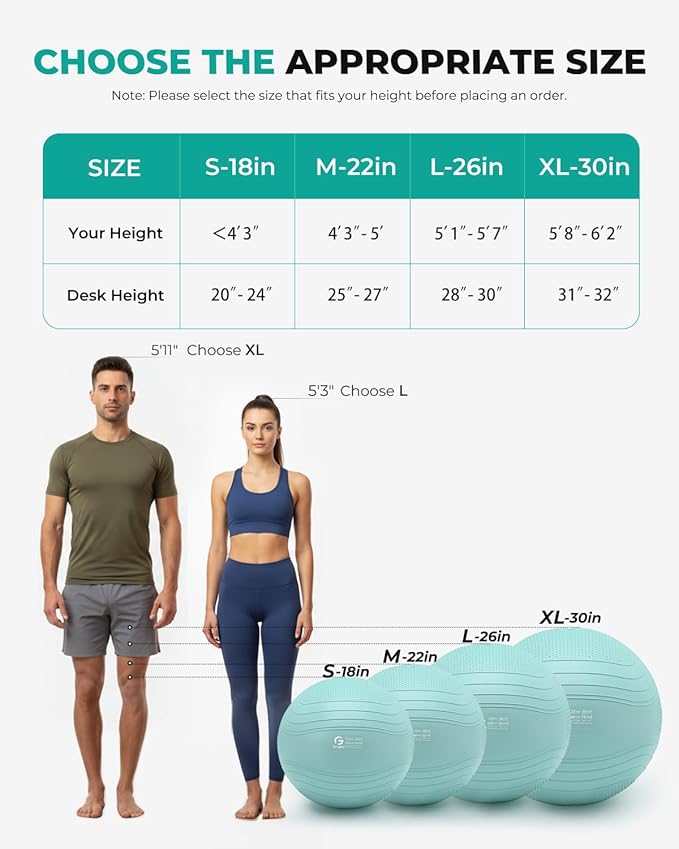 Gruper Yoga Ball, Extra Thick Exercise Ball for Workout Pregnancy Stability - 4 Sizes Anti Burst Balance Ball for Yoga, Pilates, Fitness, Birthing, Physical Therapy - Includes Pump