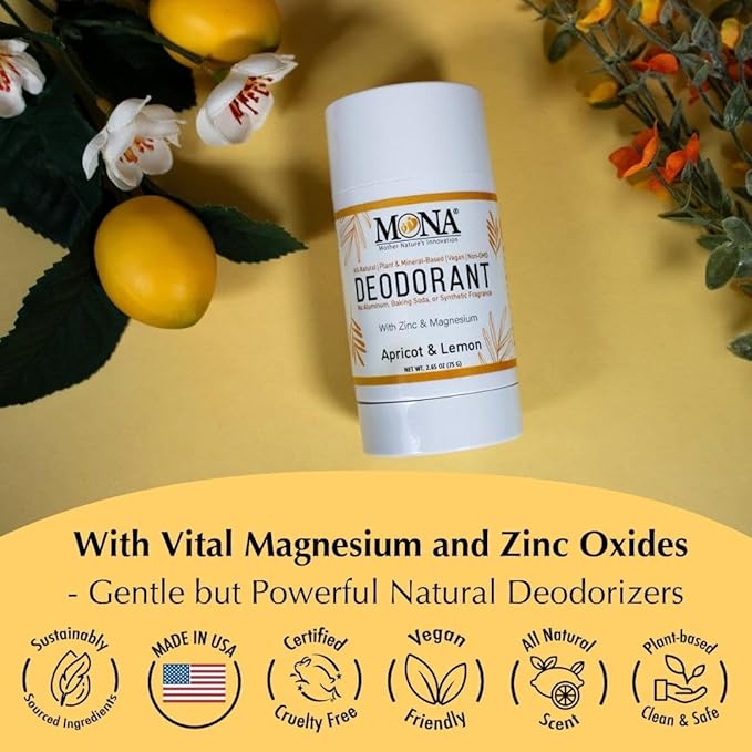 MONA BRANDS All Natural Magnesium Deodorant for Women & Men | Baking Soda & Aluminum Free | (Apricot Lemon) 2.65oz