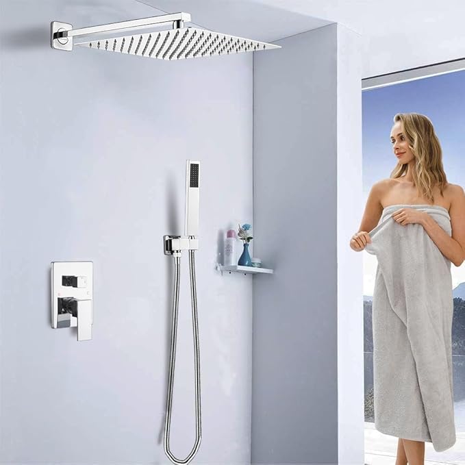 YCAIKOI Shower Faucet Set 16 Inch Wall Mount Rain Shower System, All Metal Shower Fixtures - Polished Chrome