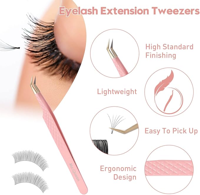 Ms.Queen Lash Tweezers Set,Professional 4Pcs 45 90 Degree Curved and Isolation Lash Tweezers for Eyelash Extensions