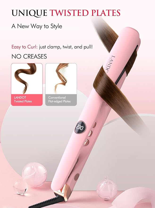 LANDOT 2-in-1 Hair Straightener and Curler - Twist Flat Curling Iron for Sleek Straight, Bouncy Curls, Beach Waves, Tourmaline Ceramic, Dual Voltage Adjust Temp 250-450°F All Hair Types, Color Pink