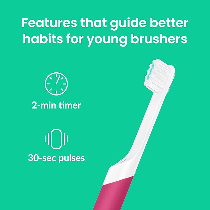 Quip Sonic Toothbrush for Kids with Timer - Includes Extra Brush Head and Travel Cover Mount - Electric, Soft Bristle Refill Head, Plastic Handle, 3 Month Battery Life - Wonder Pink