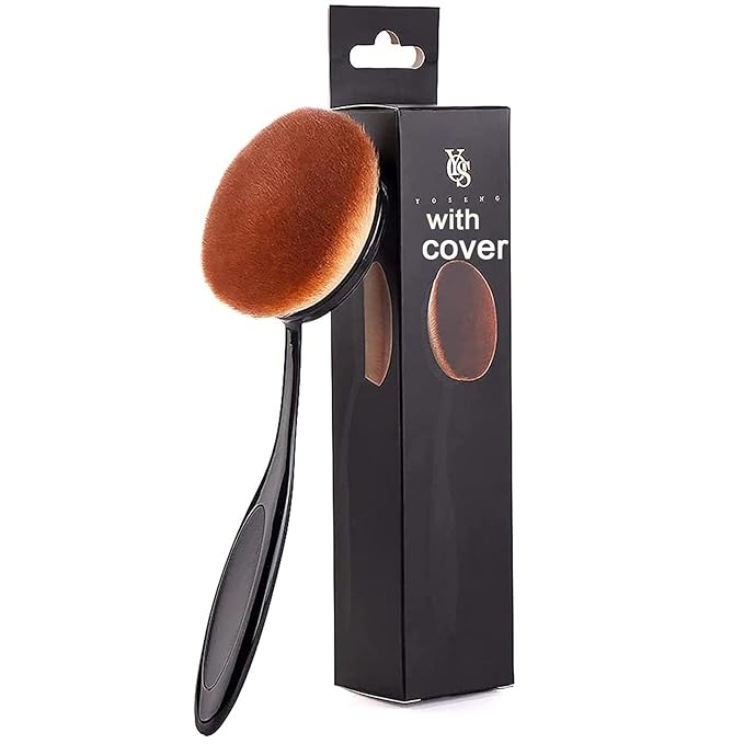 Yoseng Oval Foundation Brush - Large Soft Bristles for Liquid,Cream & Powder | Makeup Brush with Cover,Dense Kabuki Brush for Blending,Contouring | Kids & Adults (Black)