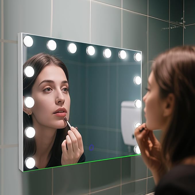 Hollywood Vanity Mirror with Lights, 23"x18" Lighted Makeup Mirror with 10x Magnification for Desk/Wall Mount, 15 Led Bulbs, 3 Lighting Modes for College Dorm, Bedroom, Dressing Room (White)