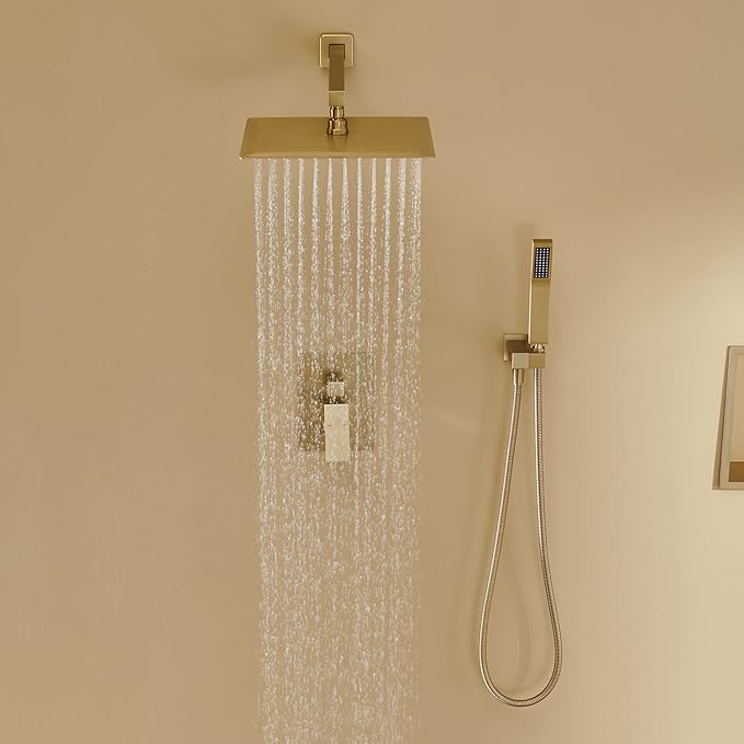 Artiqua Rain Shower System 12 Inches Shower Combo Set Brushed Gold Wall Mount Faucet Bathroom Faucets with Rainfall Shower Head and Hand Shower