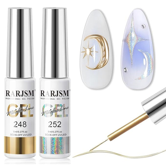 RARJSM Metallic Chrome Gel Liner Nail Art 3D Mirror Holographic Silver and Bronze Gold 2Pcs Set Gel Nail Polish 8ml Painting Build in Thin Brush Painted Drawing Striper GelPolish Curing Requires