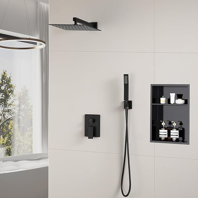 POPFLY 12 Inch Rainfall Shower System with Handheld Spray – Matte Black 2-Function Wall Mounted Faucet Set, Extra Long Shower Arm & Solid Brass Rough-in Valve (Trim Kit Included）