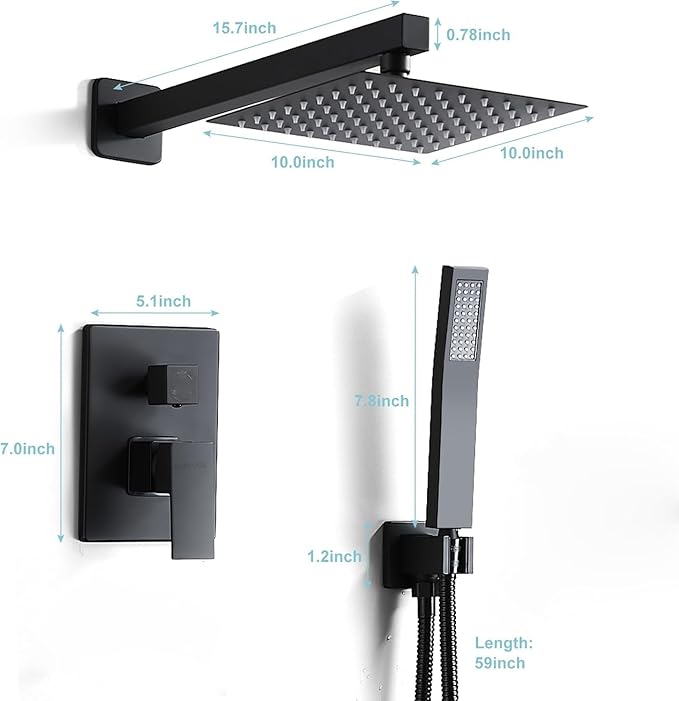 RTTWYYUU Matte Black Shower Head and Handle Set 10 Inch, Rain Shower Head with 2 Hooks, Luxury Rain Shower Set Square Wall Mount for Bathroom with Rain Shower and Handheld Shower System