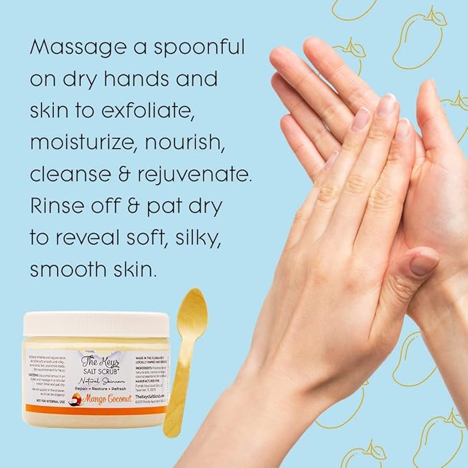 The Keys Salt Scrub -Sea Salt Scrub - Exfoliating Body Scrub with Wooden Spoon - Moisturizing Exfoliator for Hands, Foot, Bath, (12 Ounce (Pack of 3), Mango Coconut)