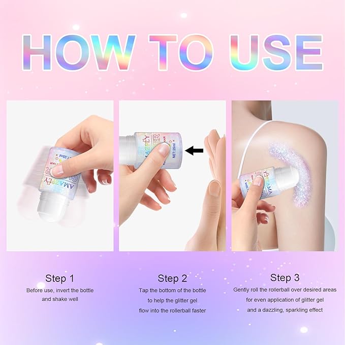 Roll-on Holographic Glitter Gel for Face & Hair, Sparkling Pink Shimmer Makeup, Color Changing Body Glitter for Festivals, Parties, Chunky Mermaid Sequins Body Shimmer for Women(Iridescent Dream)