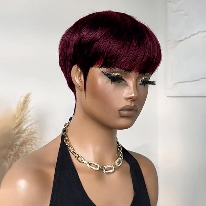 Short Pixie Cut Human Hair Wig for black women Burgundy Red Straight Human Hair Non-Lace front Wig with bangs full machine made 99J Colored Glueless Short Haircut Wig