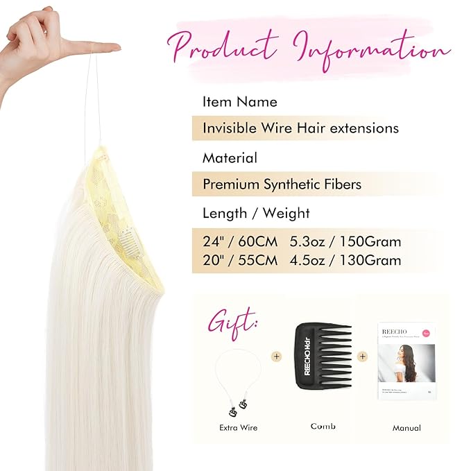 REECHO Invisible Wire Hair Extensions with Transparent Headband Adjustable Size Removable Secure Clips in Straight Secret Hairpiece for Women (24 Inch (Pack of 1), Platinum Blonde)