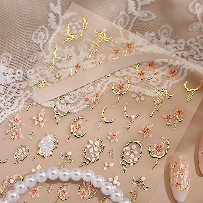 Gold Flower Nail Stickers Spring Nail Stickers for Nail Art 5D Embossed Pearl Gold Edge Petals Nail Decals Spring Summer Flower Nails Supplies for Women DIY Nail Art Decorations