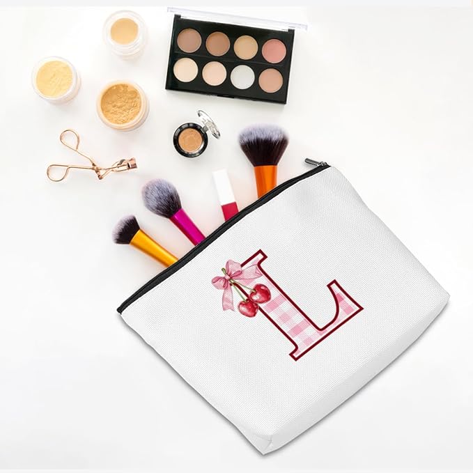 CQM Initial Makeup Bag Monogram Cosmetic Bag Monogrammed Gifts for Women Girls Friends Coworker Wife Personalized Travel Toiletry Bag Christmas Bridal Shower Wedding Bridesmaid Gifts, Cherry L